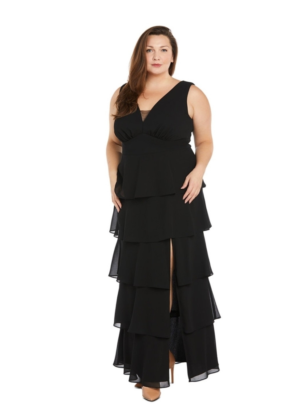 R & M Richards Plus Size 16W Tiered High-Slit Sleeveless Dress Evening